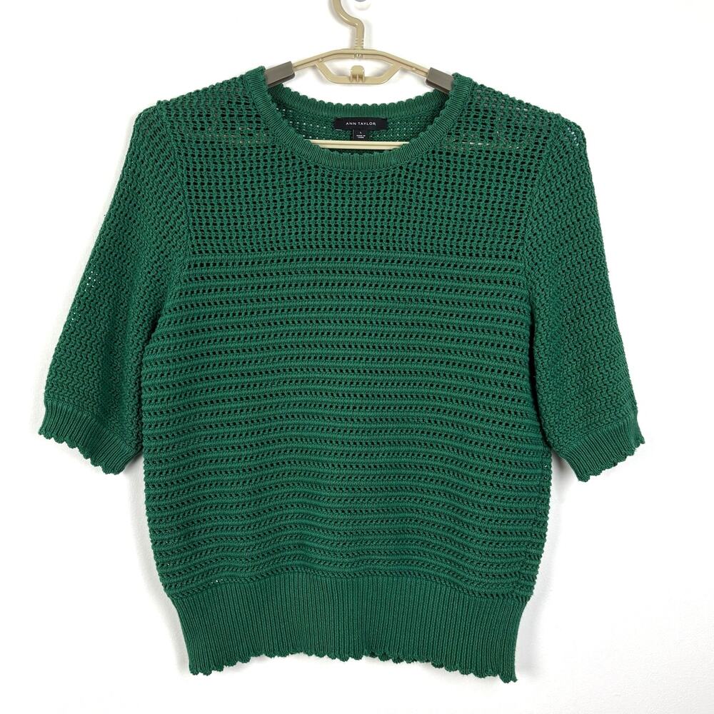 Ann Taylor Green Short Sleeve Crewneck Sweater 100% cotton open knit 2024 Large